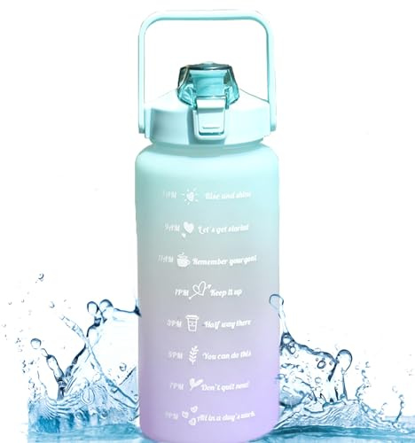 Ieron 64oz (2L) Leakproof Water Bottle, Inspirational Water Bottle With Time Stamp, Drinkable Water Cup Bottle, Large Water Jug for Daily Hydration, Fitness, Sports Bottles (Green Purple)