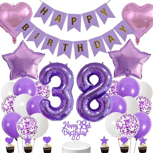 Conruich Lila Luftballons 38. Geburtstag Dekoration, Geburtstagsdeko 38 Jahre Mädchen Tortendeko 38 Geburtstag Mädchen, Deko 38. Geburtstag Mädchen, Happy Birthday Banner Deko 38 Geburtstag Mädchen