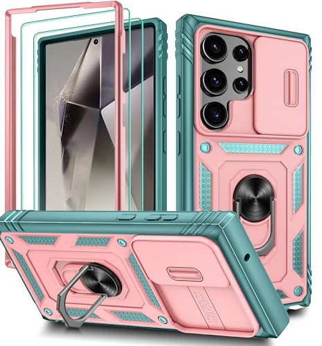 Pilaru 3 in 1 for Samsung S24 Ultra Case | With Front Frame | [Separate] 2 Screen Protector & Kickstand Ring & Camera Cover Military Grade Drop Shockproof Protection for Galaxy S24 Ultra,Pink/Green