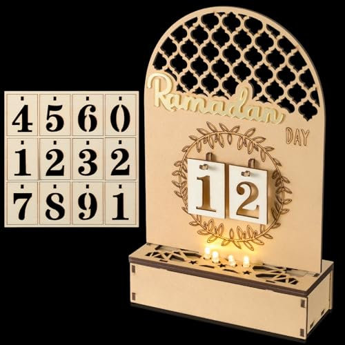 Fiada Eid al-Adha Countdown Kalender Ramadan Kalender mit LED Eid al-Adha Deko Aus Holz, Eid al-Adha Mubarak Dekoration, Ramadan Kalender für Familien