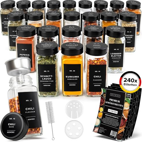 EDELHAUS Gewürzgläser Eckig Set mit Deckel (24 x 120ml) Gewürzstreuer mit Streueinsatz und 240 Etiketten Schwarz - Hochwertige Gewürzbehälter, Gewürzdosen, Gewürze organizer [10,7cm x 4,5cm]
