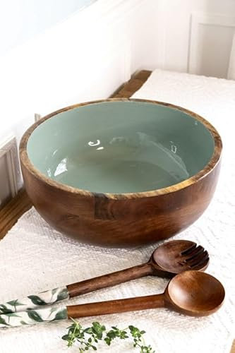NURTURE INDIA Sage Green Extra Large Mango Wood Salad Bowl with Servers