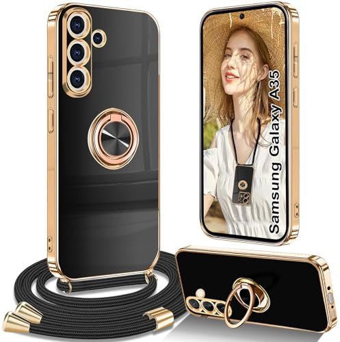 Yutwo Coque pour Samsung Galaxy A35 5G, Coque Samsung A35 5G avec Cordon Collier Silicone Housse 360° Voiture de Bague Magnétique Étui Antichoc Réglable Case Coque pour Samsung A35, Noir