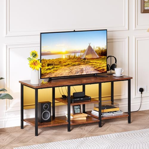 Dripex 120cm TV Stand for TV up to 55 Inch with Power Outlets, LED Lighting Vintage TV Unit Cabinet Media Console Table with Open Gaming Entertainment Center Shelves Record Player Stand(120x40x52CM)