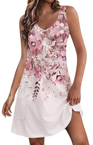 Generic Robe Boheme Robe Fleurie Imprimé Libre Tunique Robe Pas Cher Loisir Swimg Mi-Longue Robe Longueur Genou - Col Rond - Robe D'été - Robe De Plage Rose M