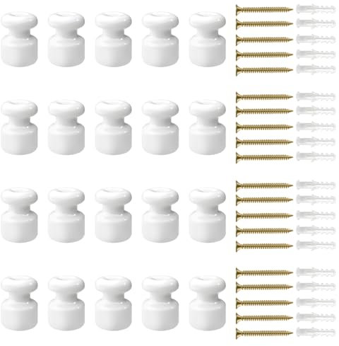 QuirkLz Utilizzati come isolatori per Cavi Trecciati fai-da-te, isolatori in ceramica vintage, set da 20 pezzi, colore bianco, Ø18 millimetri, inclusi viti e tasselli di ancoraggio