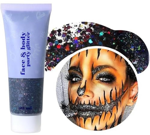 Beliky Girl Body Glitter Gel,50ML Face Glitter Body Gel Sequins Shimmer Liquid Eyeshadow,Mermaid Holographic Glitters,Chunky Glitter for Face Hair Nails,Christmas Festival Rave Accessories (Black)