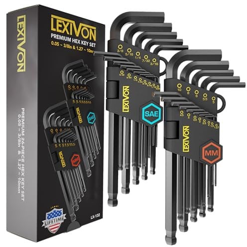 LEXIVON Imbusschlüssel Set, 26-teilig, Premium-Metrisches & SAE Sechskantschlüssel Set, L-förmiges Design mit langem Arm und Kugelkopf, S2-Stahllegierung in Industriequalität (LX-132)