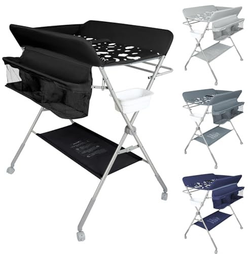 Mueble Cambiador Bebe Plegable y Portátil, Cambiador con 4 Ruedas, 3 Posiciones de Ajuste de Altura, Bañera Cambiador-80 * 58 * 90cm-negro