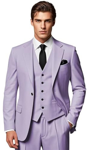 SPTALLFITJSV Herren-Anzug-Set, schmale Passform, 3-teilig, für Hochzeit, Business, Abschlussball, Party, Ein-Knopf-Blazer, Weste und Hose, Smoking-Set, Flieder, M