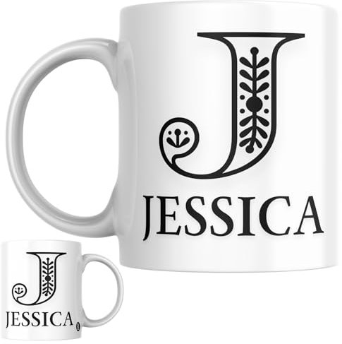 Designs of note! Jessica Personalised Initial Name Mug | Personalised Letter J Coffee Mug, Novelty Gift for a Wife, Girlfriend, Friend or Colleague Named Jessica
