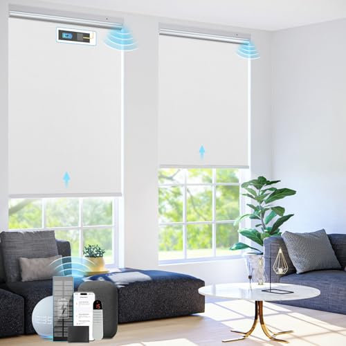 Motorized Blinds with Remote Control【Solar Panel Included】 100% Blackout Smart Roller Blinds Automatic Blinds for Windows Cordless Electric Shades Compatible with Alexa White,23 W*72 H