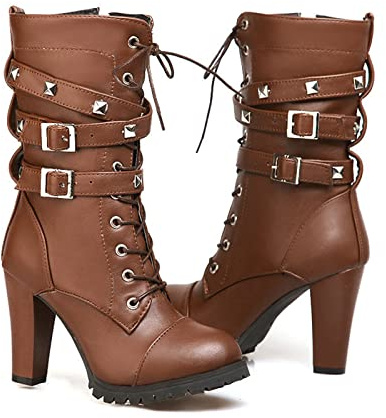 KUHAOFEU Damen Punk Goth Stiefel Klobiger Hoch Absatz Kampfstiefel Schnürung Runde Zehen Knight Stiefel Niete Gürtelschnalle Motorradstiefel