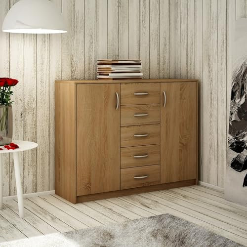Home Collective Kommode mit 5 Schubladen und 2 Türen in matt Kommode 110cm breit mit hochwertigen Polymergriffen Holz Schrank Kommode mit Schubladen Aus laminierter Platte gefertigt Sonoma