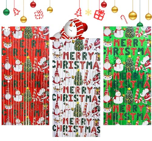 Dorclife 3Pcs Christmas Tinsel Curtains 3M Xmas Glitter Streamers Santa Claus Snowman Christmas Tree Gingerbread Man Foil Curtain Door Curtain Party Backdrop for Xmas Party Decorations (Color B)