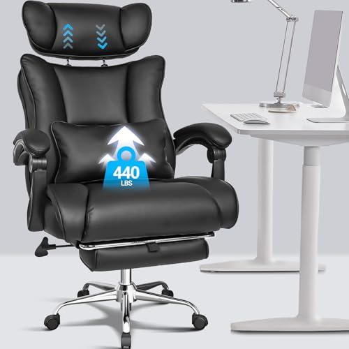 BASETBL Executive Office Chair, Height Adjustable Headrest 440lbs 200kg Heavy Duty Chair with Footrest, Extra Wide Big Tall Desk Chair, Free Locking Between 90° to 120° Ergonomic Computer Chair, Black