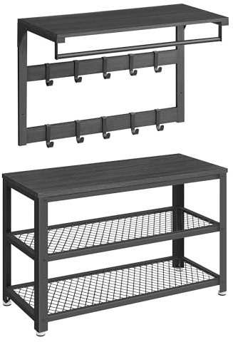 VASAGLE Wandgarderobe, Schuhbank, Wandregal mit Ablage und 10 Haken, Schuhregal mit 3 Ebenen, Aufbewahrung, Metallgestell, Flur, Eingangsbereich, Industrie-Design, ebenholzschwarz-schwarz LCR173B02