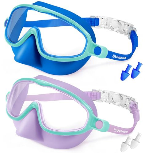 Vvinca Lot de 2 lunettes de natation avec pince-nez étanches pour enfants de 3 à 15 ans, masque de plongée grand angle, anti-buée/protection UV