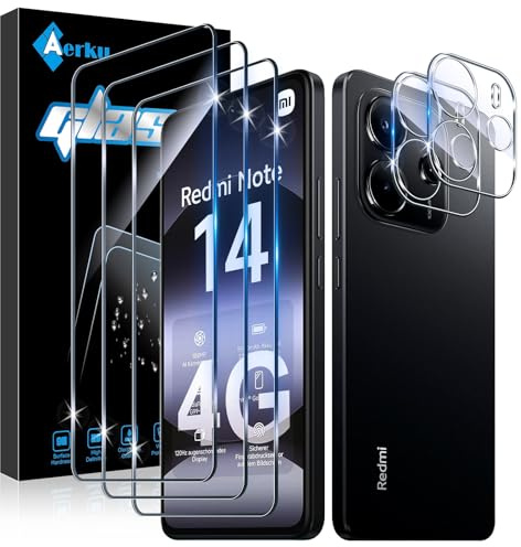 Aerku Schutzfolie für Xiaomi Redmi Note 14 4G für Panzerglas | 3 Stück 9H Härte Folie und 2 Stück Ultra-Klar Kameraschutz, 0.33mm Anti-Kratzen Displayschutz, Anti-Bläschen Schutzglas