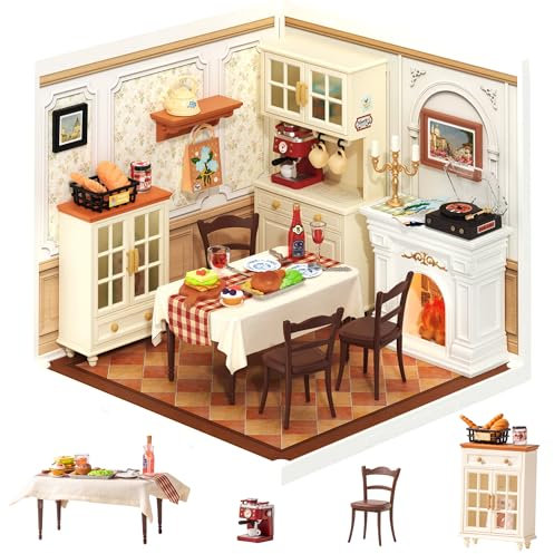 Rolife Super Creator DIY Miniature House Miniatur Haus Bausatz Selber Bauen Deko für Schreibtisch oder Bücherregal Modellbausatz Diorama Modellbau Bastelset für Kinder (Warm Dining Room)