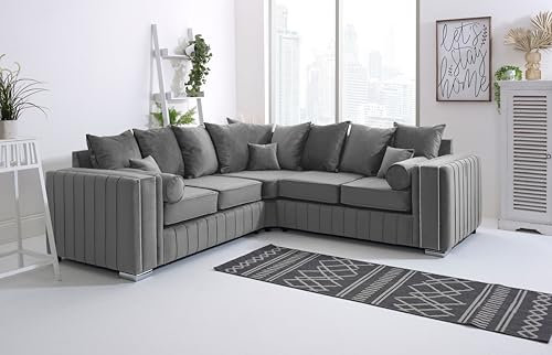 Sofahub Layla Grey Plush Velvet Scatterback Sofa – Foam Cushions, Chrome Feet, Button-Detail Arms – Available in 2 Seater, 3 Seater, 3+2 & Corner Sofa Options (Grey, Corner)