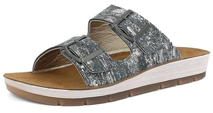 inblu Damen Ciabatte Donna Con Doppia Fascia E Fibbie Regolabili, Plantare In Vera Pelle Imbottito Schiebe-Sandalen, blau, 39 EU