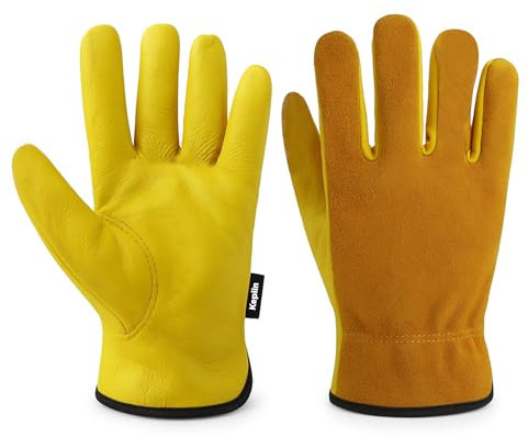 KEPLIN Gardening Gloves for Men & Women – Premium Cowhide Leather, Thorn & Puncture Resistant, Breathable & Durable Work Gloves for Gardening, Farming & DIY – Safety Work Gloves – Xlarge 27cm, Yellow