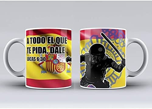 Genérico Taza con Lucas 6;30 A Todo el Que te pida, Dale Bandera España de Fondo con Escudo de la Policía Nacional