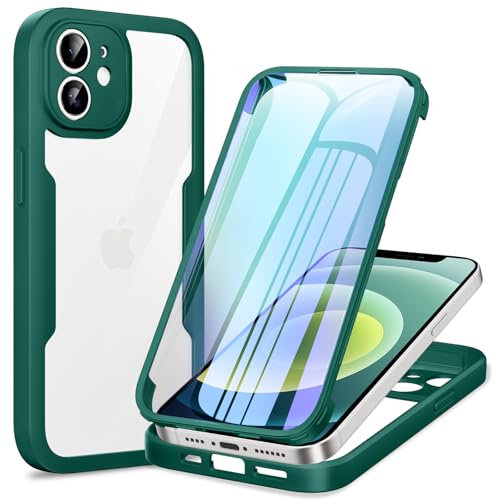 Phoona Funda para iPhone 12 con Protector de Pantalla Transparente, 360 ​​Grados Carcasa Cuerpo Completo Protector Silicona Antigolpes, Funda Antiarañazos para iPhone 12, Verde