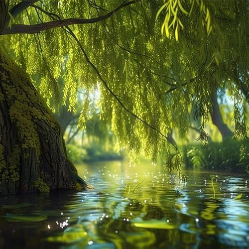 TRIOSK Sichtschutz Garten Dekoration Plane groß mit Natur Motiv Baum Weide Wasser Fluss Motivbanner Blickdicht für Terrasse Zaun Gartenzaun Gartenposter PVC Zaunblende 600x200 cm