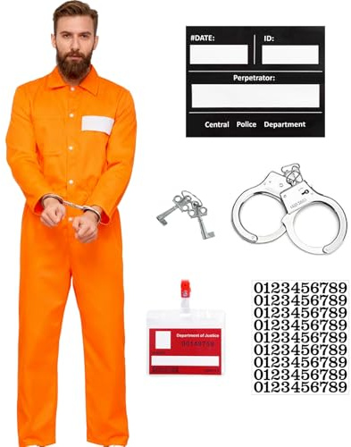 Crittygo Prisoner Costume Mens, Orange Prisoner Costume Set with Prison Jumpsuit Nameplates Prop, Mens Halloween Convict Jail Prison Fancy Dress