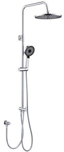 KeeGone No-Faucet Height-Adjustable Shower Set 26cm Round Rain Shower Head and 3-Spray Handheld Shower Stainless Steel Shower System Quick Installation