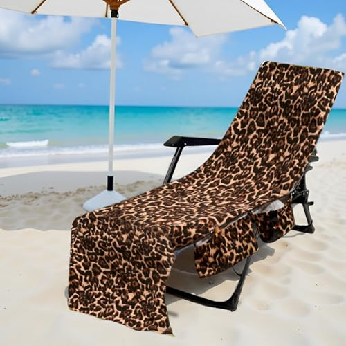Hiseng Sun Lounger Towels with Pockets, Large Beach Towels Soft Absorbent Microfiber Outdoor Sunbed Lounge Chair Cover for Garden, Hotel, Swimming Pool, Summer Holiday (Leopard print,75x210cm)