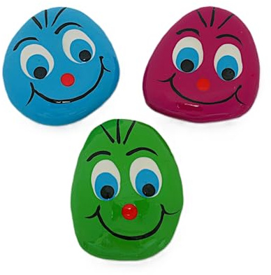 Andys Steinwelt® Schmunzelstein Glücksbringer, Handbemalte Steine als Deko, 3er-Set in blau, grün und brombeer, Tischdekoration für Geburtstag und Hochzeit (3er- bunt)