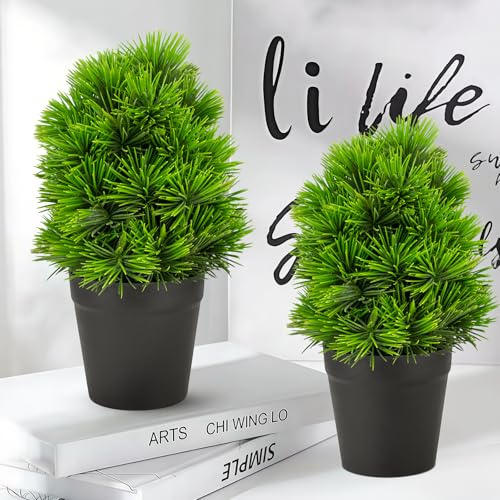 2 Pack Realistic Artificial Potted Plants Simulation Welcoming Pine,9.5 Small Faux Greenery for Desk Office Home Christmas Decorations, Pet Friendly Faux Cedar Shrubs in Pot (Maintenance Free)