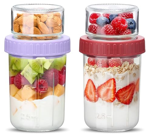 Danmu Art Glass Overnight Oats Jars with Lids - Dual-Layer Breakfast Pots for Yoghurt Parfait Chia Pudding Granola, Meal Prep Containers with Separate Toppings, Mason Jar for Healthy Lunch (2-Color D)