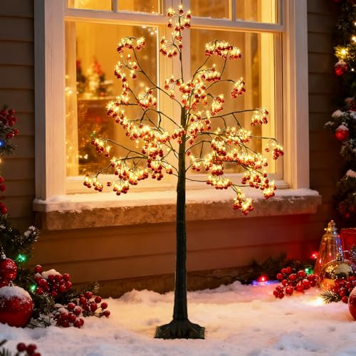 COSTWAY 150 cm Arbre Artificielle Lumineux, 384 Boules Rouges, Sapin de Noël, 480 LED Blanc Chaud, Branches Flexibles, Piquets de Sol, Noel Decoration Exterieur Interieur