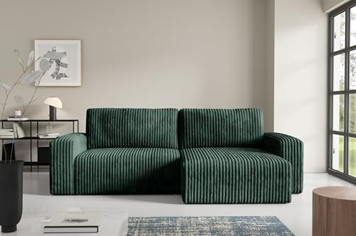 Furnisell FANO Cord Ecksofa mit Schlaffunktion und Bettkasten, Schlafsofa mit 204 x 132 cm Liegefläche (Grün)