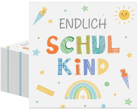 40 Stück Endlich Schulkind Servietten, 33 x 33 cm Papierservietten Einschulung, 2-lagige Cocktailservietten für Schulanfang Mädchen Jungen, Tischdeko Einschulung Party Deko 2026