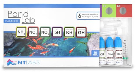 NT Labs Pond Lab Multi Test Kit (Up to 200 Tests) | All-in-One Pond Water Test Kit. Tests for Ammonia, Nitrite, Nitrate, pH, General Hardness (GH) & Carbonate Hardness (KH).