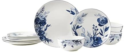 Mikasa Darcy Bone China Lightweight Chip Resistant 12 Piece Dinnerware Set, Service for 4,Blue and White