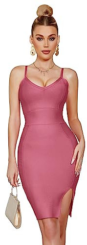 meilun Robe moulante sexy avec col en V et fente latérale pour femme - Robe de cocktail - Robe de soirée Y2K, vieux rose, Taille S