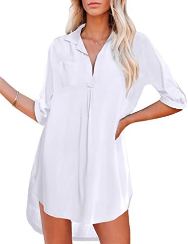UNibelle Sommerkleider Damen Leicht Luftig Bikini Cover Up Tunika Bluse Strandkleid Shirt Strandbluse Sommer Cuffed Sleeve Shirts Tops, A_weiß, S