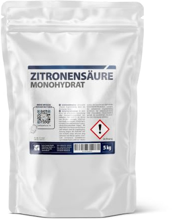 Zitronensäure Pulver 5 kg – Entkalker, Rostlöser, Kalkreiniger | Kristallin, für Wasserkocher, Kaffeevollautomat, Geschirrspüler, Waschmaschine, Spülkasten | CAS 5949-29-1