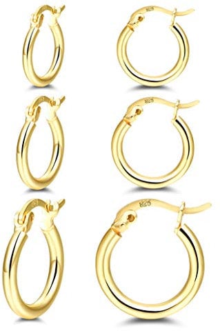 RoseJeopal Gold Hoop Earrings for Women, Small Sterling Silver Hoop Earrings, 3 Pairs 925 Silver Hoops Earrings Set, Sleeper Earrings Hoops for Girls, Jewellery Gift for Women Lady(Gold 13+15+20mm)