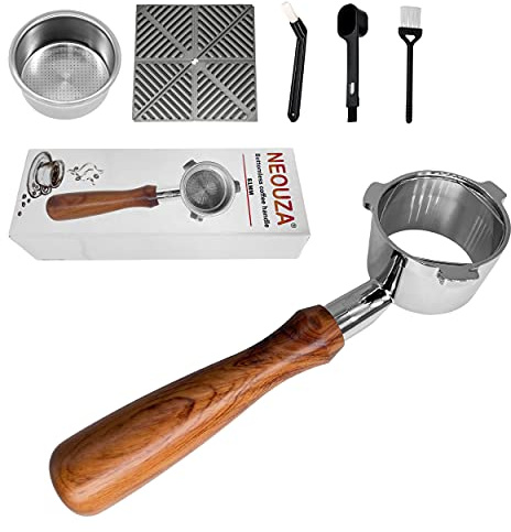 NEOUZA Kaffee 51mm Siebträger ohne Boden, kompatibel mit DeLonghi EC9335 Espressomaschine, Filterhalter ohne Boden, Holz-Kaffeegriff, Filterkorb, Bürsten, Löffel, Tampermatte