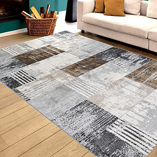 Carpetilla Designer Teppich Palmas Kariert in Marmoroptik Meliert Braun Beige Schwarz Surreal Grau Braun Kästchen Muster (80x300 cm)