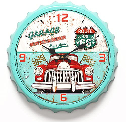 Menterry Bottle Cap Design Iron Retro Wall Clock, 13 inch Vintage Antique Style, Silent Battery Operated Creative Decor Wall Clocks for Garage,Farmhouse,Office,Beer bar,Cafes,Kitchen,School (Green)
