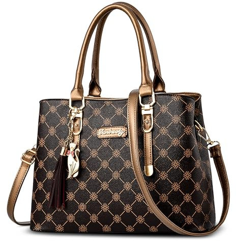 DORRISO Mode Damen Handtasche Reise Handtasche Einzigartiges Gittermuster Design Schultertasche Umhängetasche Casual Niedlicher Anhänger Top Griff Tasche für Frauen Bronze Braun