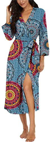 PrinStory Damen Bademantel Lang Leichter Frauen Morgenmantel V-Ausschnitt Kimono Robe Gestrickt Lässig Morgenrock (FP-Mix Blau, XL)